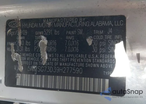 2009 Hyundai Santa Fe Gls z USA, uszkodzony, nr VIN 5NMSG73D39H277590